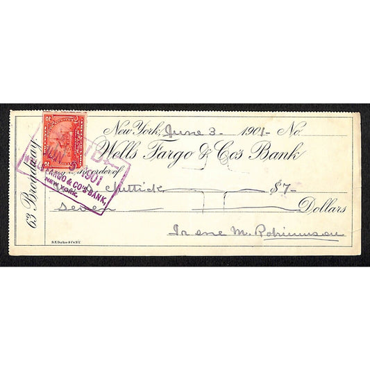 1901 Wells Fargo & Co Bank 63 Broadway NYC Check w/ Rev Stamp S. Chittick