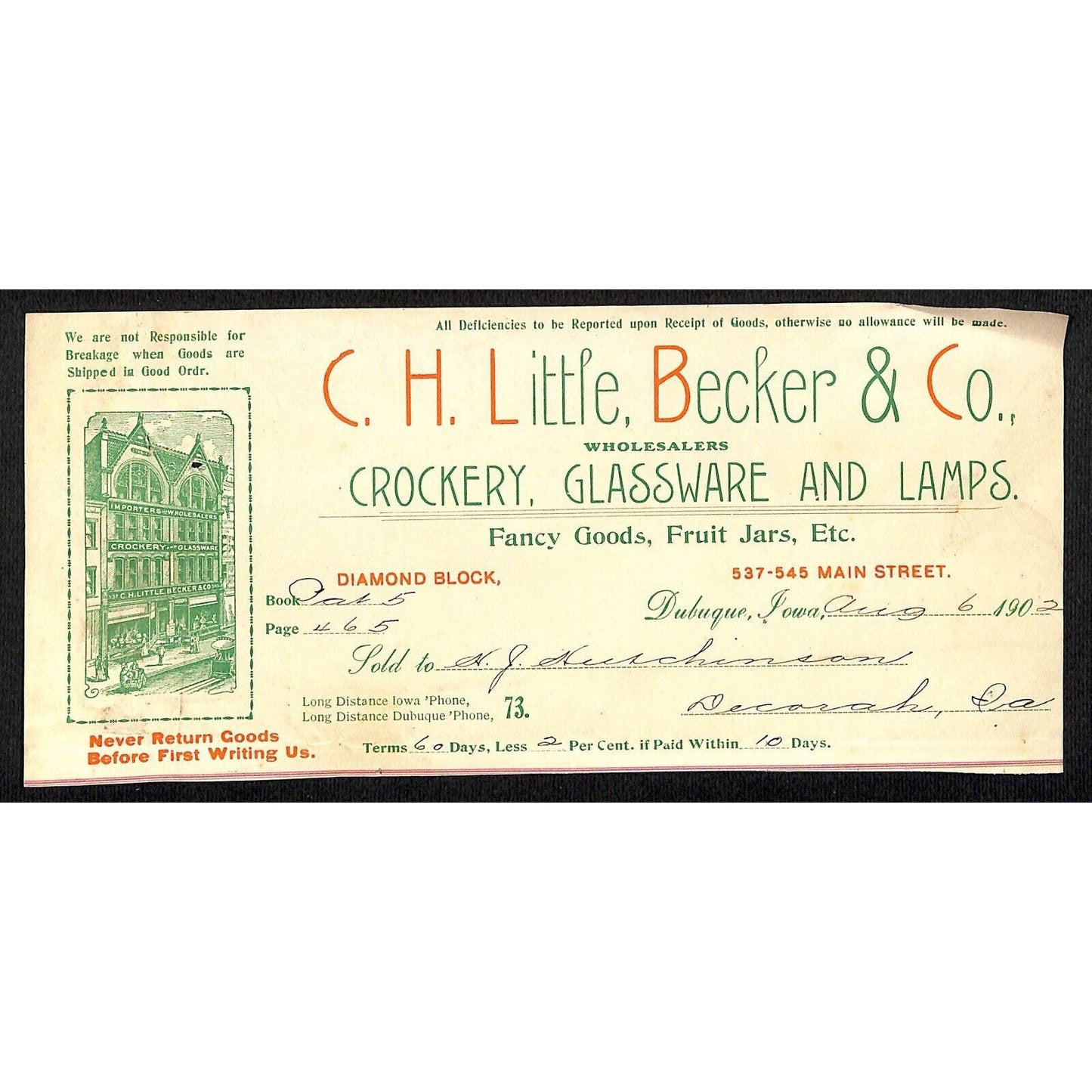 C.H. Little, Becker Co. Crockery Hutchinson Decorah IA* - Cut 1902 Billhead