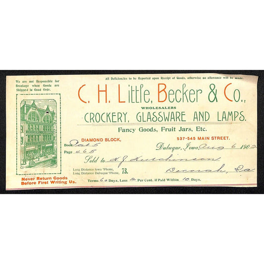 C.H. Little, Becker Co. Crockery Hutchinson Decorah IA* - Cut 1902 Billhead