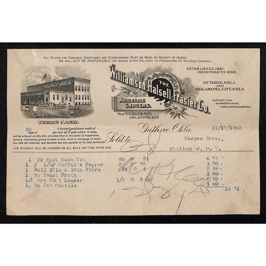 1903 Williamson Halsell Frasier Territorial Guthrie, OK Grocers Billhead Scarce