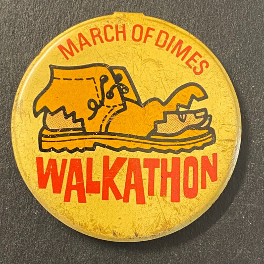 March of Dimes Walkathon Steel Fold Over Pin 1 3/8" w/ Worn Shoe c1970's-80's