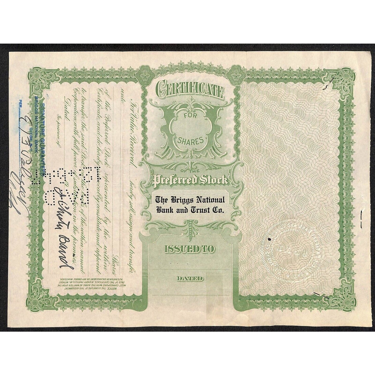 Briggs National Bank Trust Clyde, NY 1935 Stock Certificate to J. Chester Baird