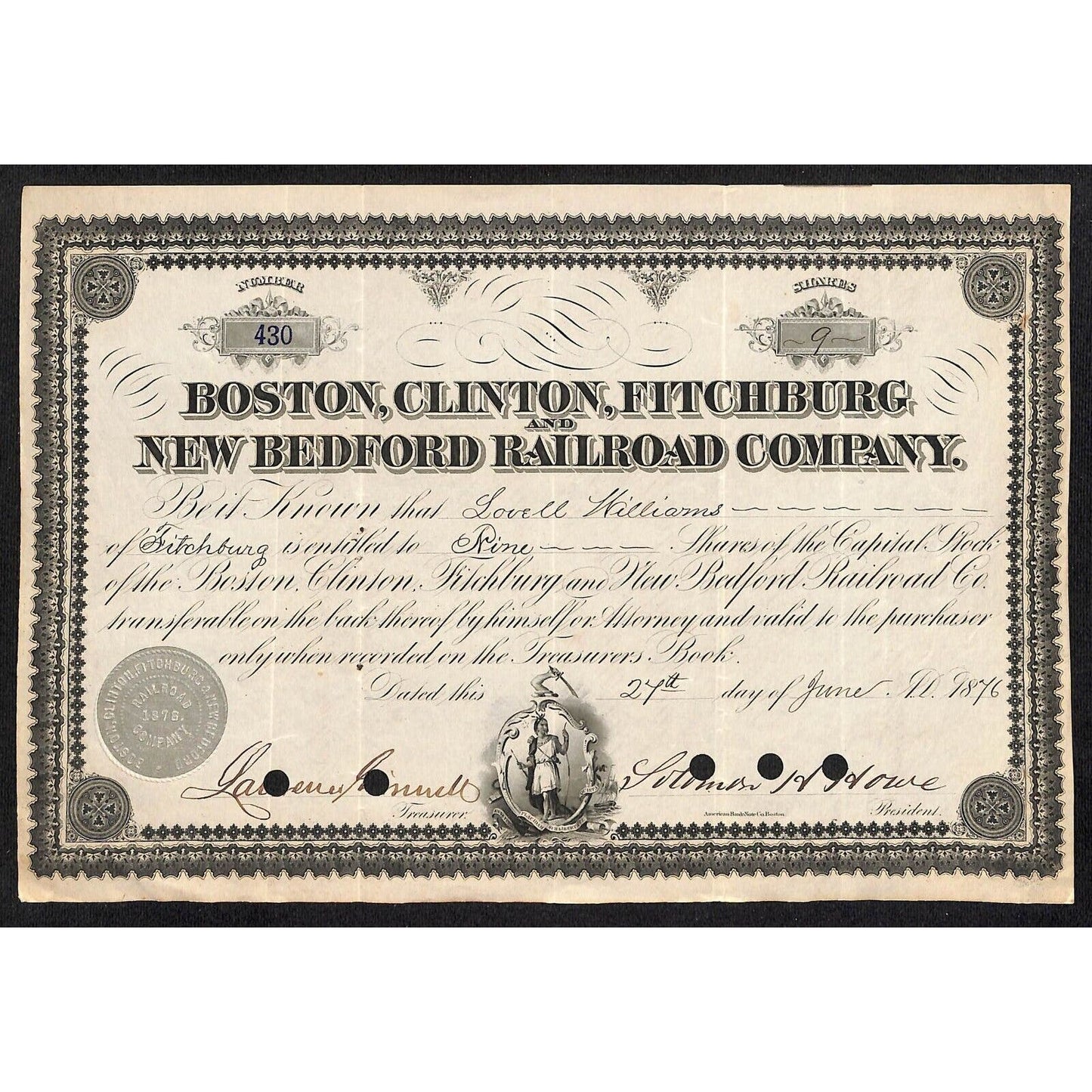 Boston, Clinton, Fitchburg and New Bedford RR 1876 Stock Cert. Lovell Williams