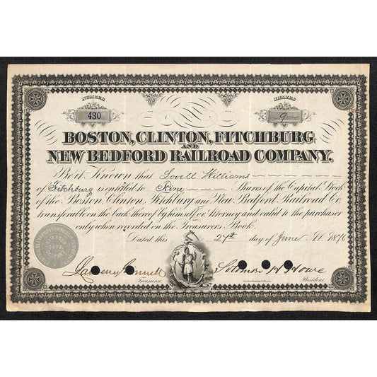 Boston, Clinton, Fitchburg and New Bedford RR 1876 Stock Cert. Lovell Williams