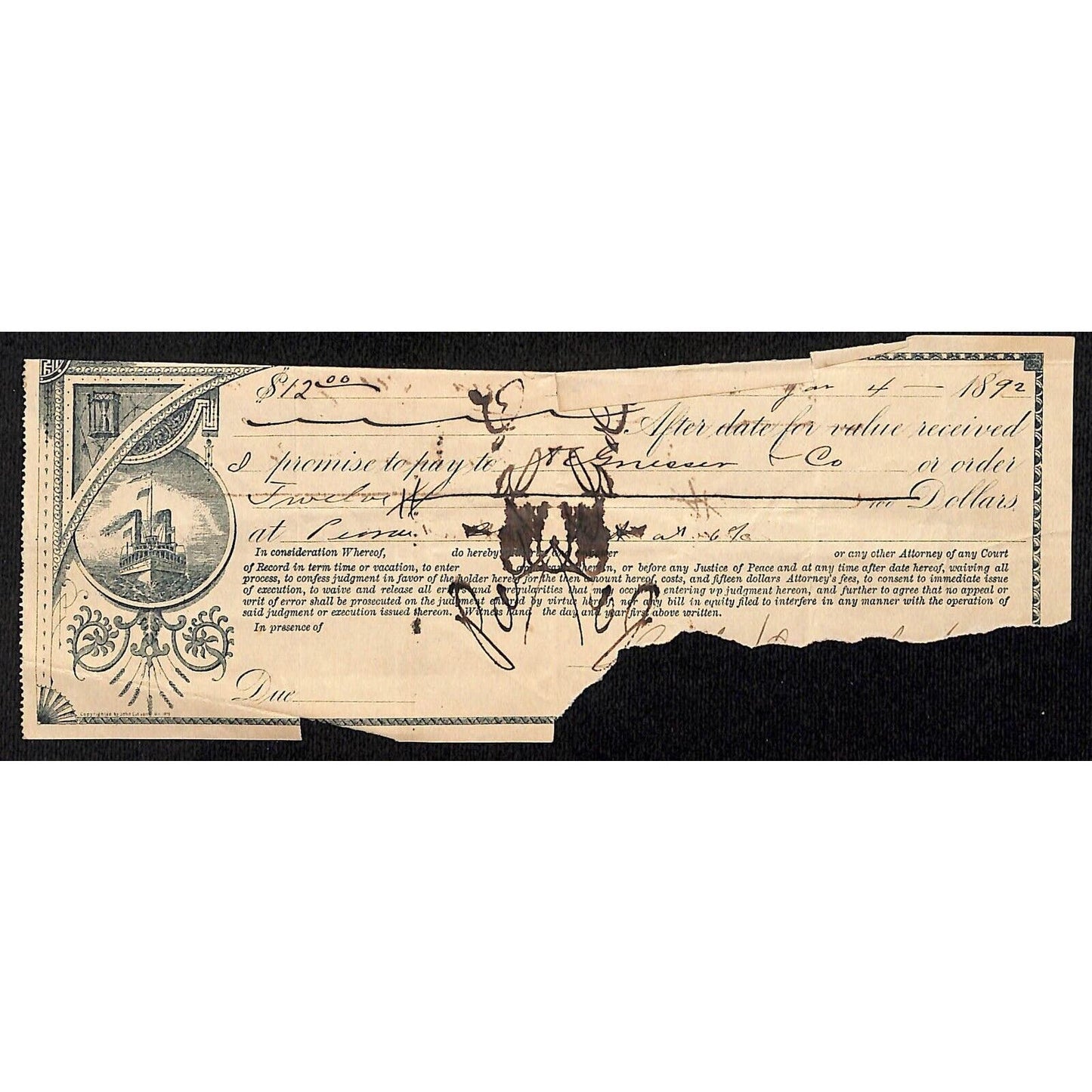 1892 Pennsylvania ? Promissory Note w/ Ship at Sea Vignette Damage