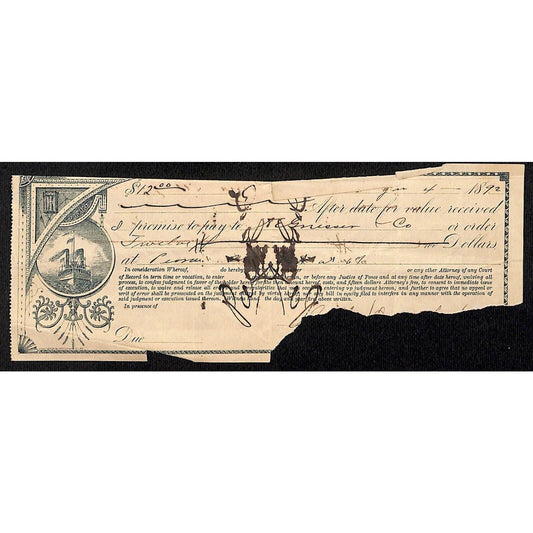 1892 Pennsylvania ? Promissory Note w/ Ship at Sea Vignette Damage