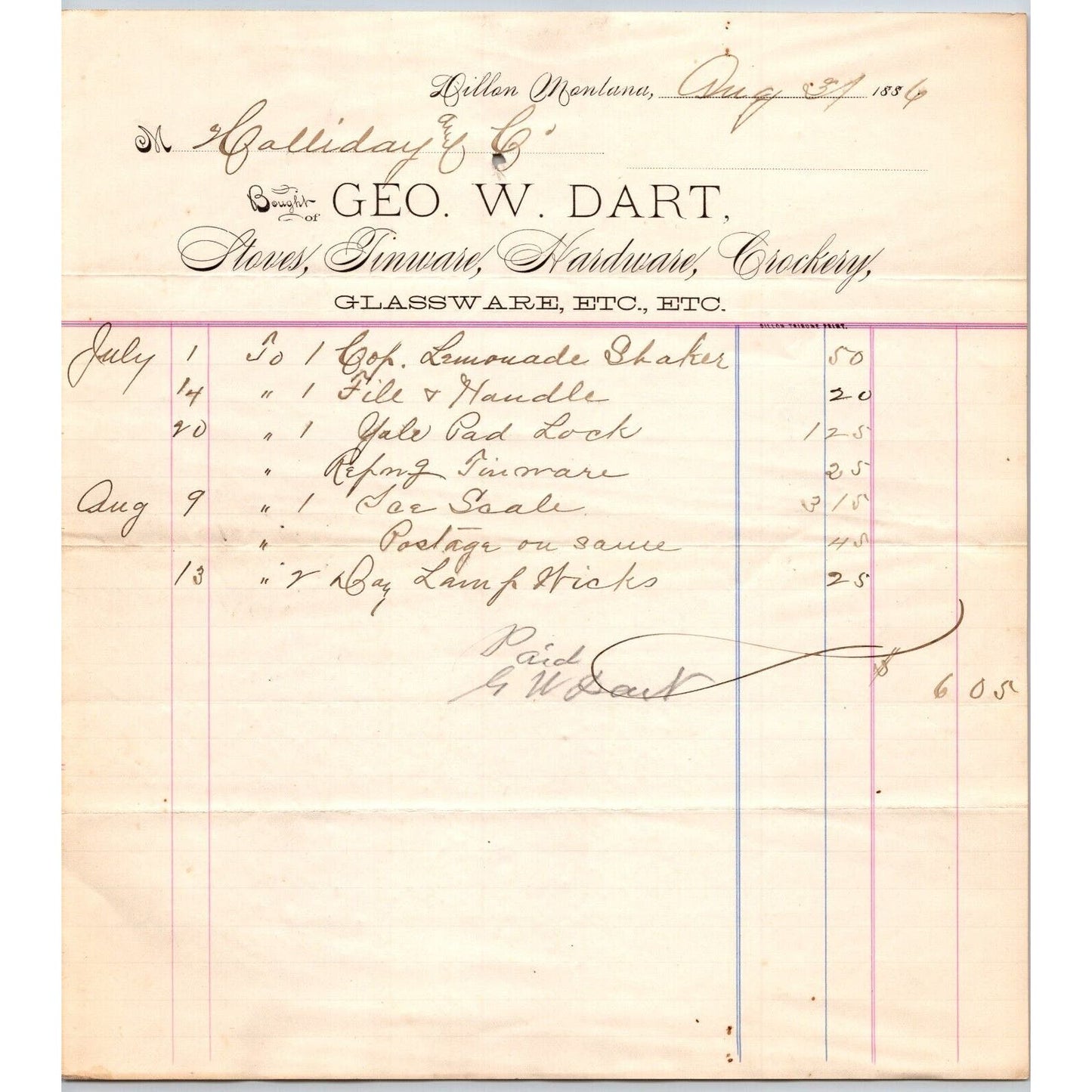 Dillon MT G.W. Dart Hardware Co. 1886 Billhead Crockery Glassware R.C. Halliday*