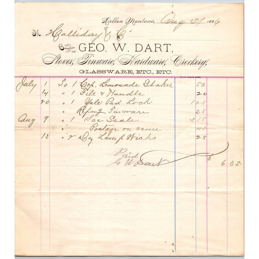 Dillon MT G.W. Dart Hardware Co. 1886 Billhead Crockery Glassware R.C. Halliday*