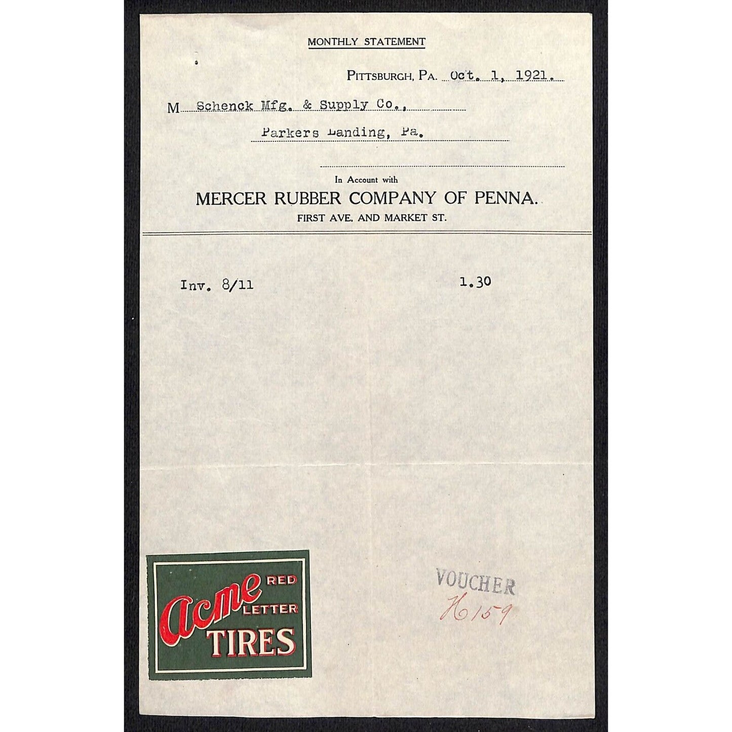 Acme Red Letter Tires / Mercer Rubber Company of Penna Pittsburgh 1921 Statement