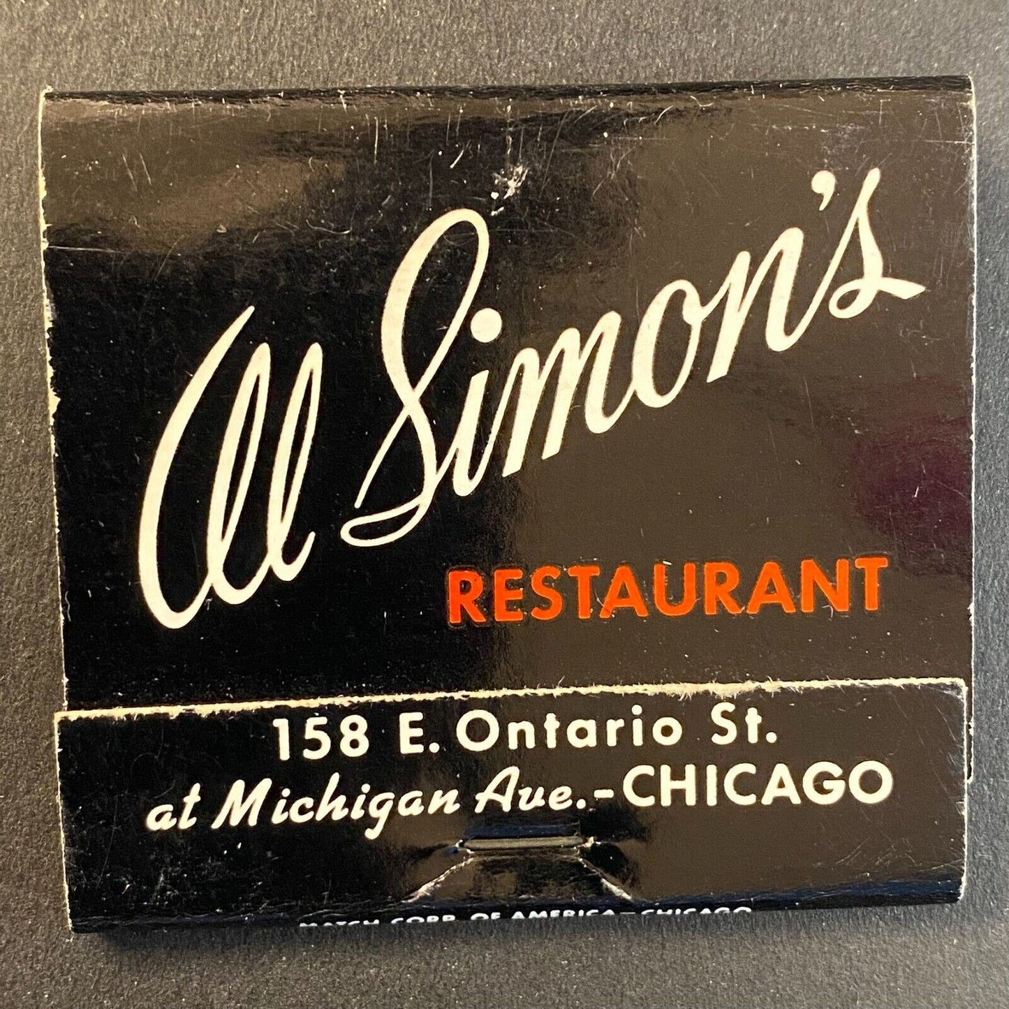 Al Simon's Restaurant Ontario Street Chicago c1974-79 Full Matchbook VGC