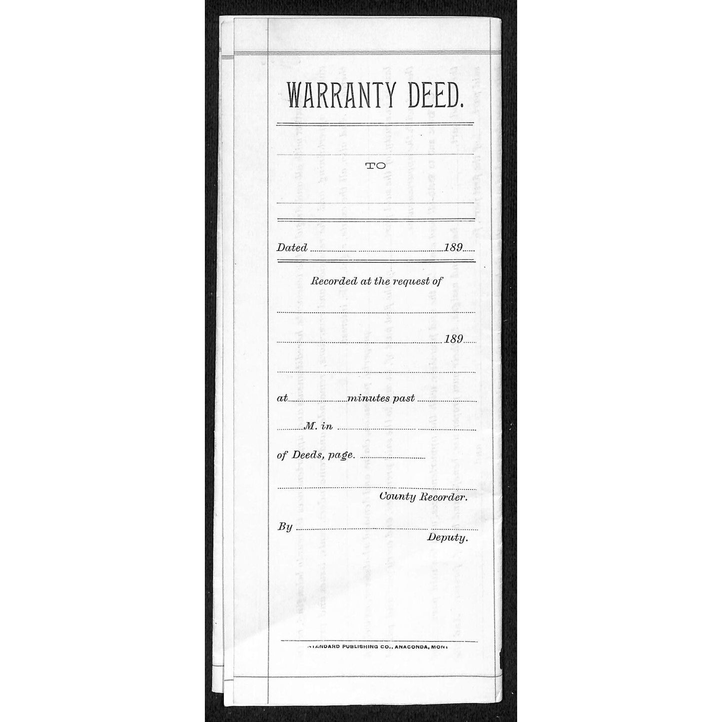1890's 189x Unused Warranty Deed (Montana Printer) VGC