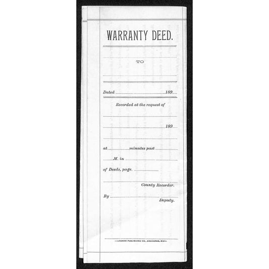 1890's 189x Unused Warranty Deed (Montana Printer) VGC