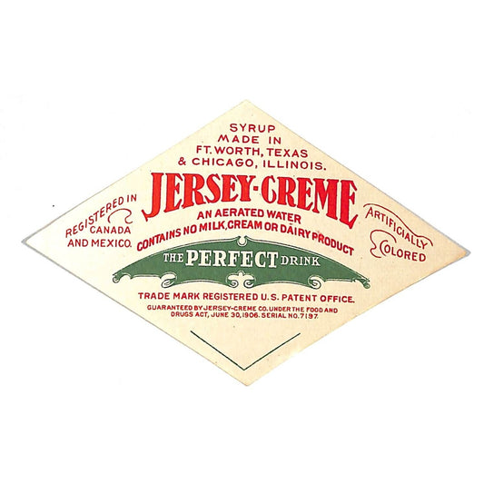 Jersey Creme Drink "An Aerated Water" Bottle Label c1925-35 VGC Scarce