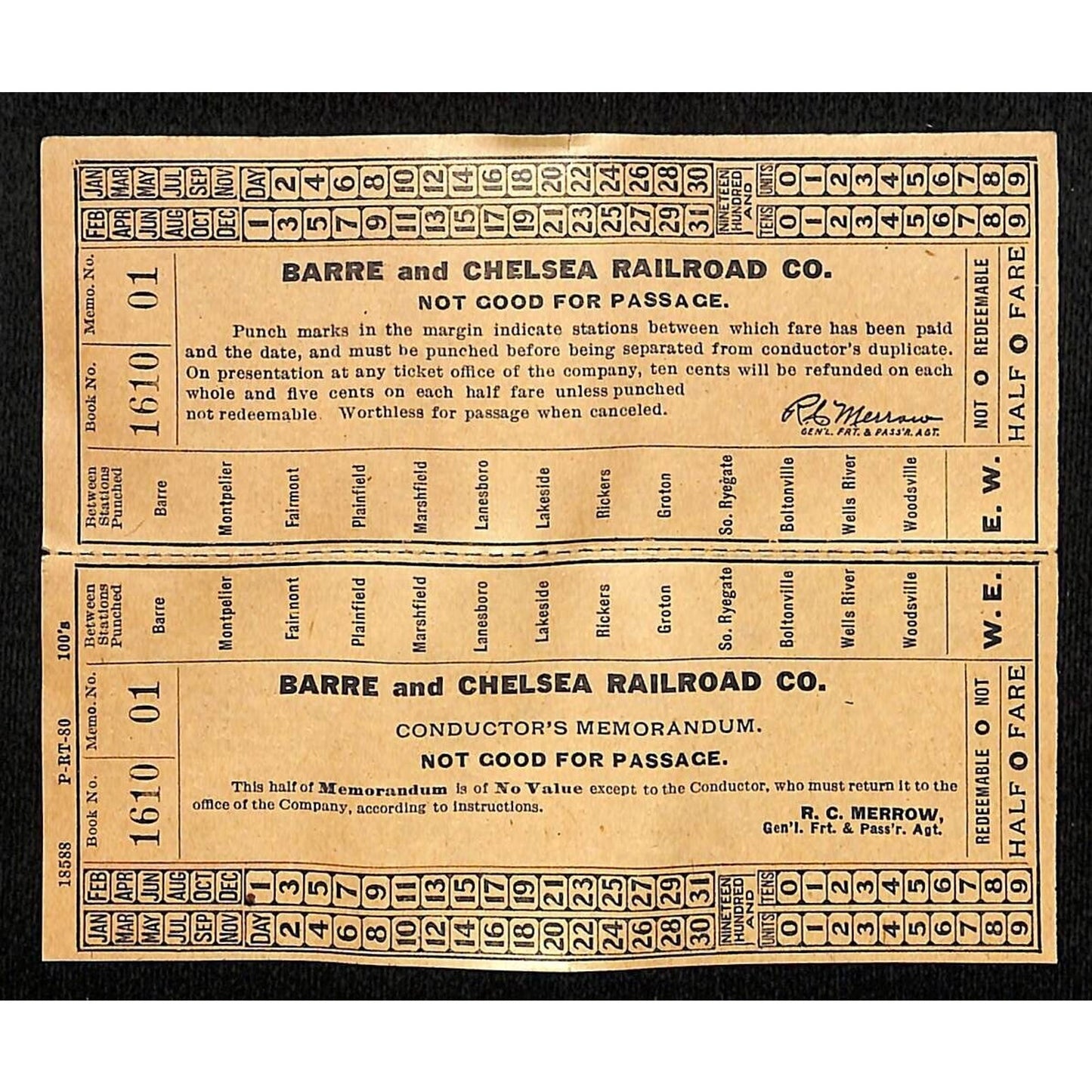 Barre and Chelsea Railroad Ticket Unused c1943-53 * Scarce VGC