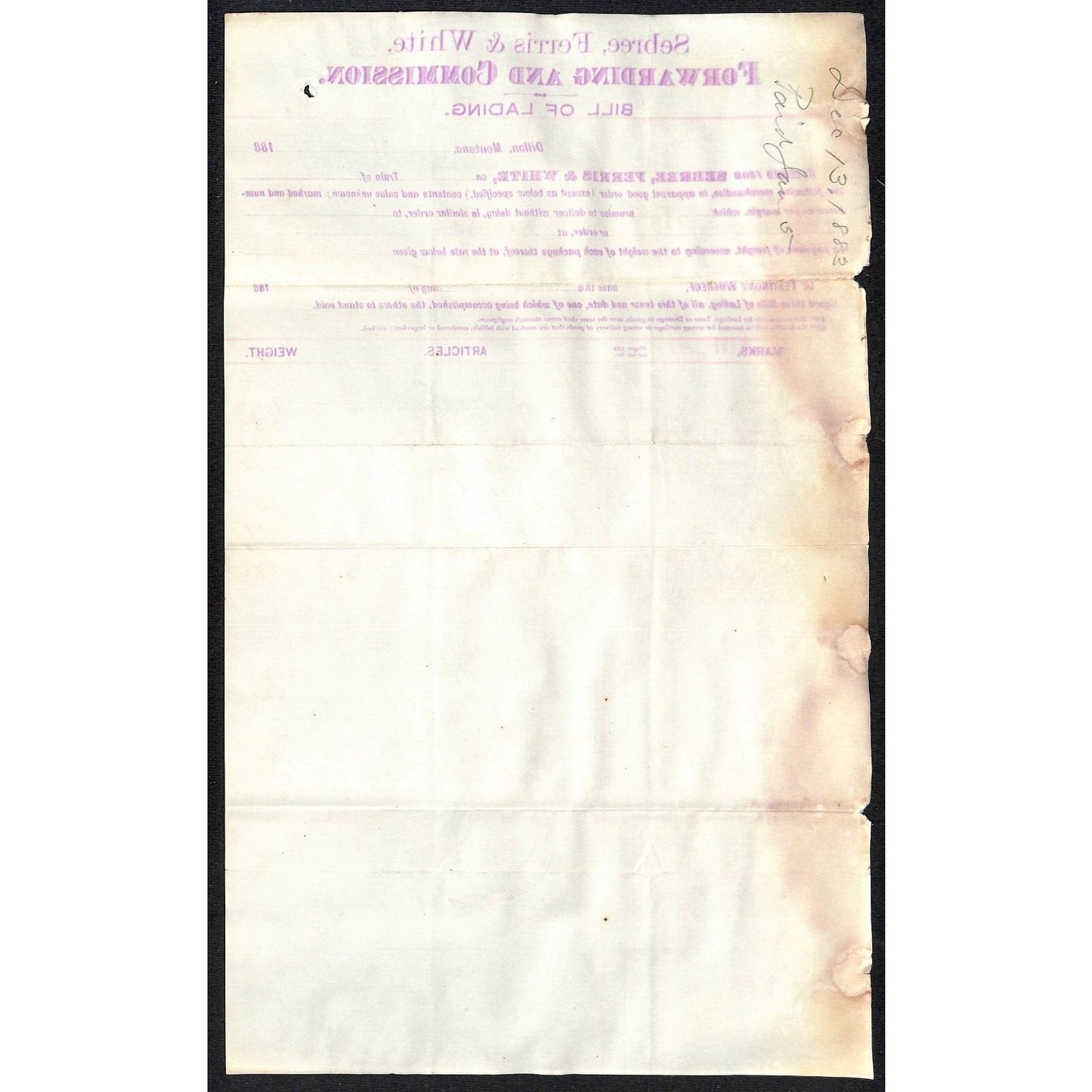 1883 Long Bill of Lading Sebree, Ferris Henry Elling* for Many Items Shipped