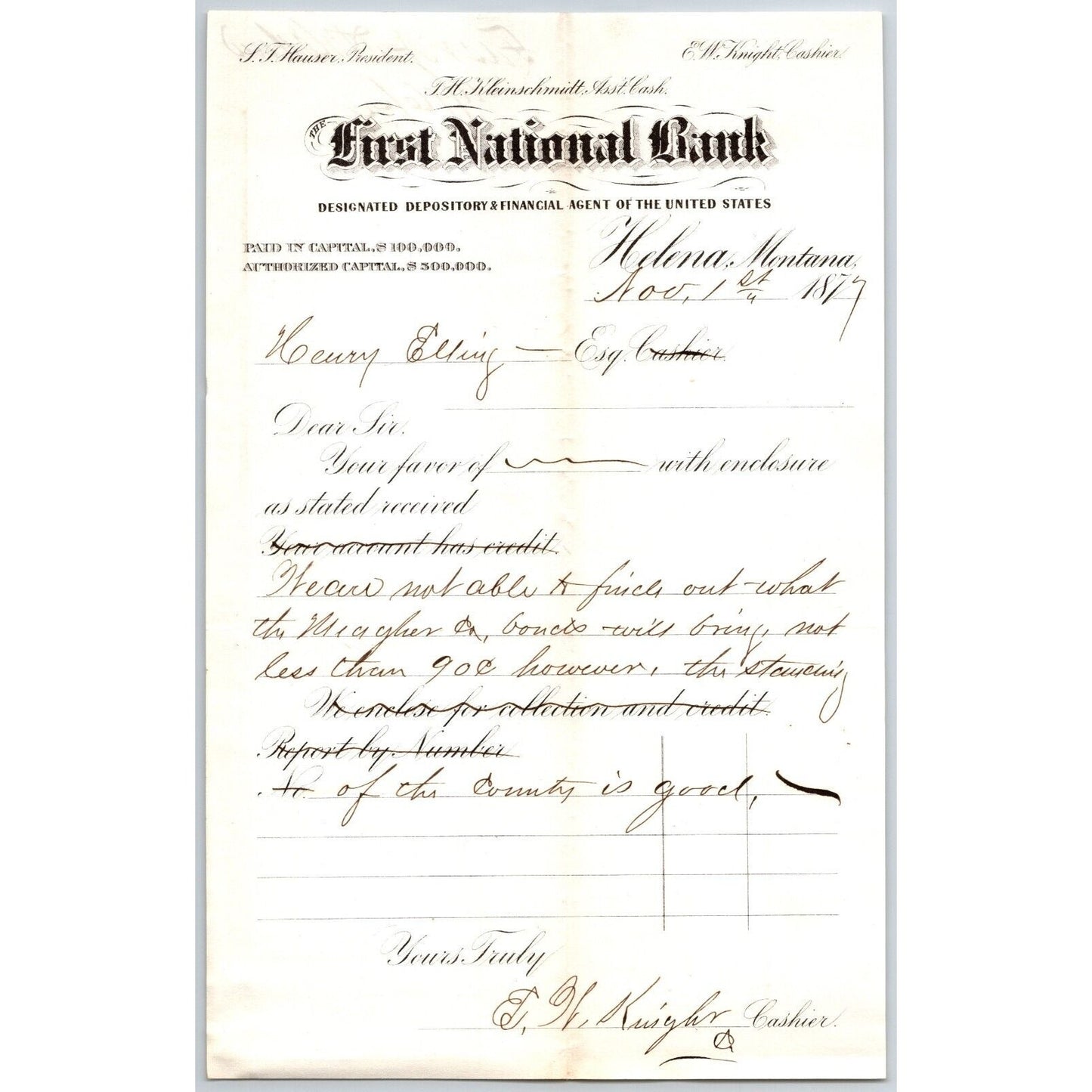 First National Bank Helena, MT 11/1 1877 Payment Advice Henry Elling*