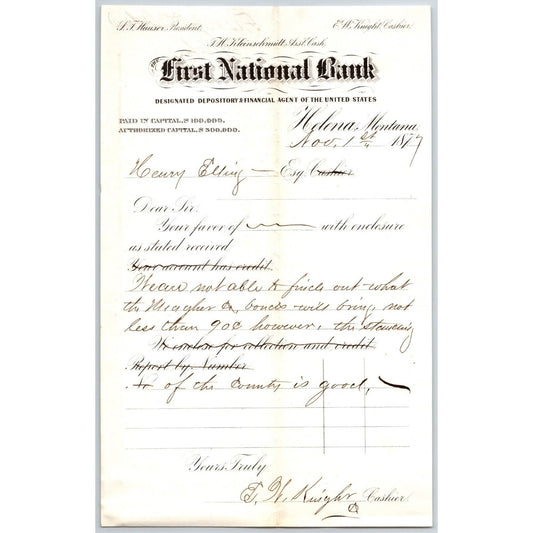 First National Bank Helena, MT 11/1 1877 Payment Advice Henry Elling*