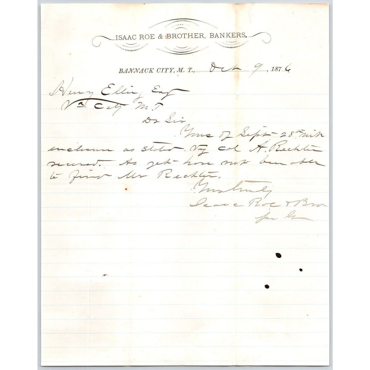 Isaac Roe & Brother Bankers Bannack City, MT 1876 ALS Letterhead - Henry Elling*