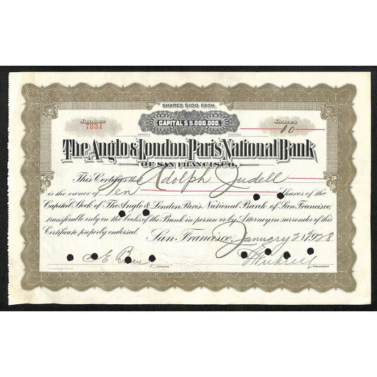 Anglo & London Paris National Bank of San Francisco 1928 Stock Certificate #7334