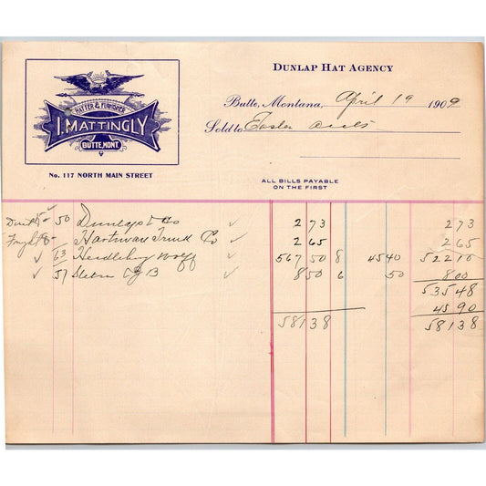 Butte, MT I. Mattingly Hatter & Furnisher Dunlap Hat April 1909 Billhead