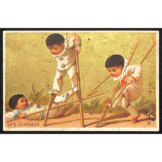 Henri Marcelleni's / French Goods Victorian Trade Card Kids Play w/ Stilts