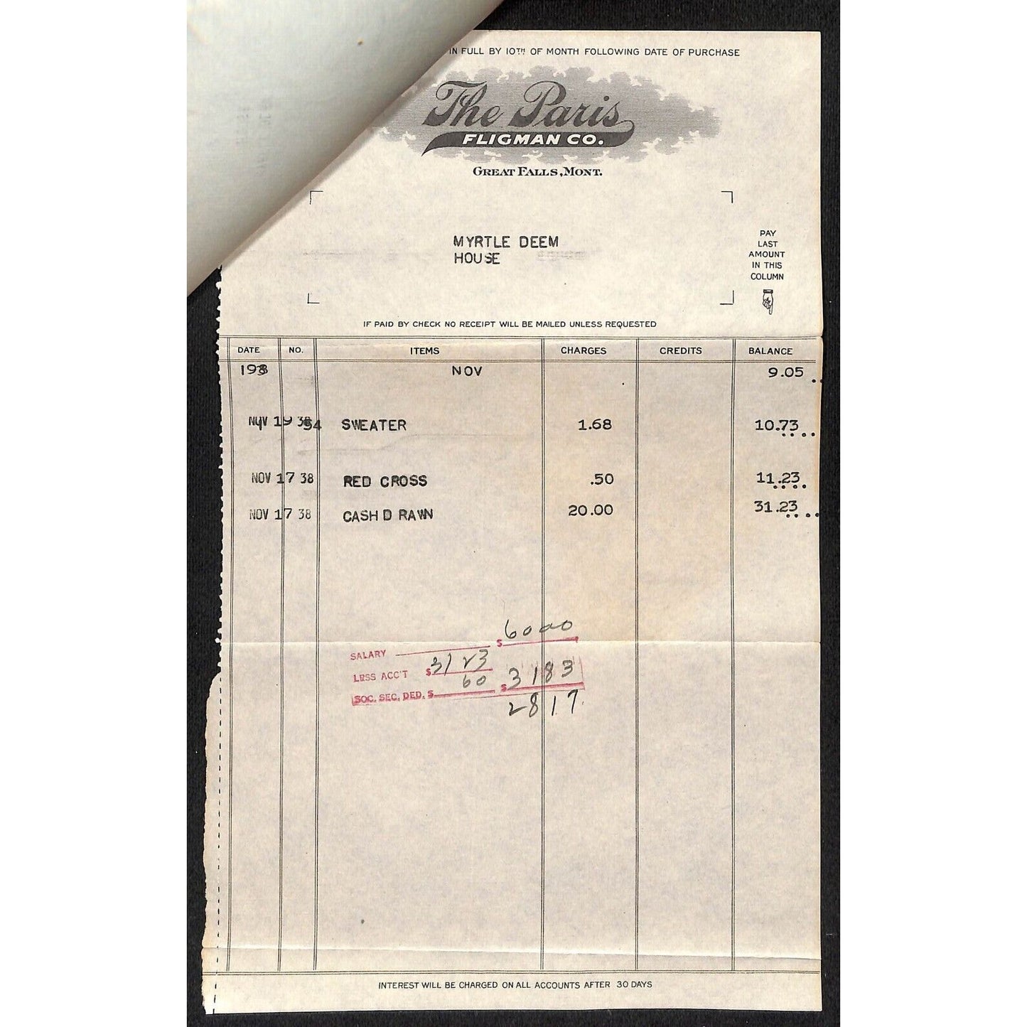 Great Falls, MT The Paris Fligman Co. 1938 2pp. Statement