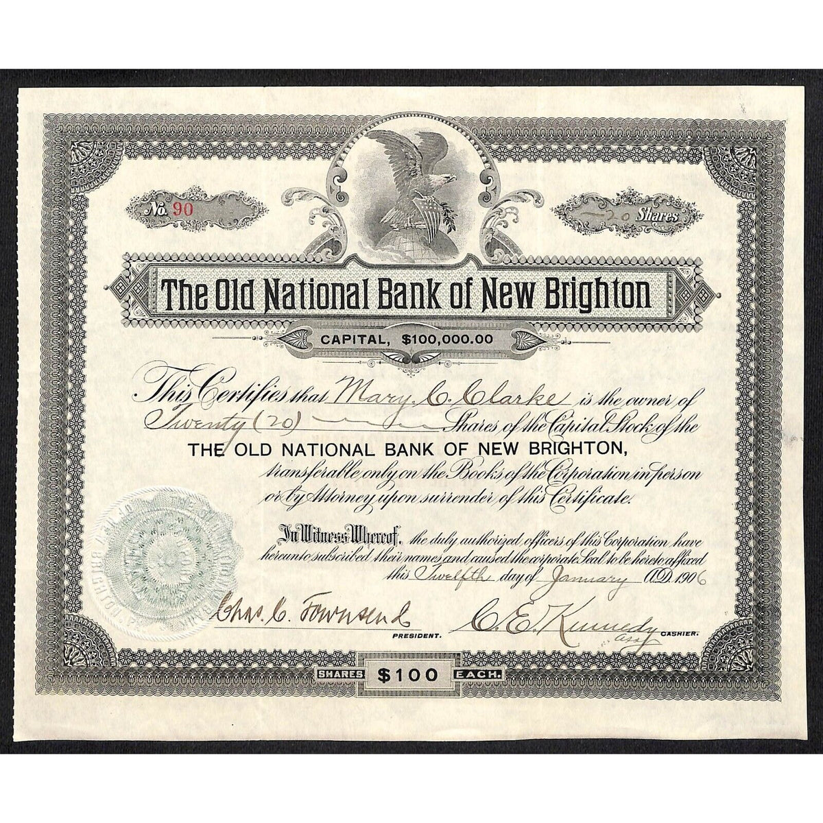 The Old National Bank of New Brighton PA 1906 Stock Certificate Mary C. Clarke