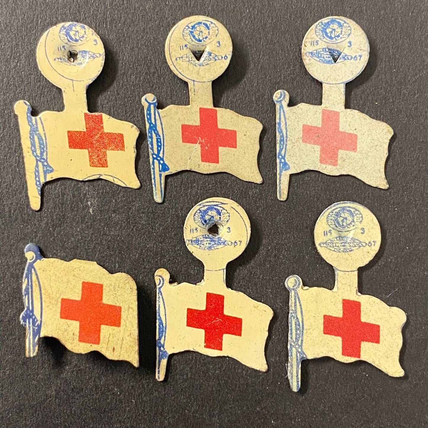 Group of 6 Red Cross Flag Flagpole Steel Fold Over Pins Small 1/2" Vintage
