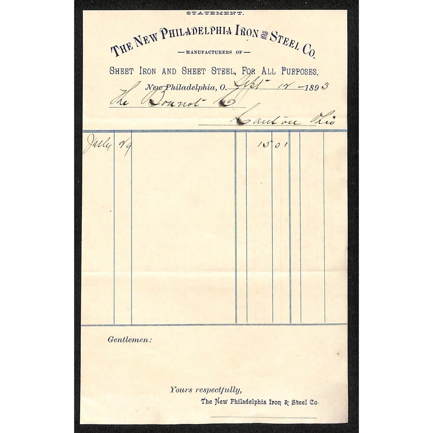 New Philadelphia Iron & Steel Co. Sheet 1893 Billhead / Statement VGC
