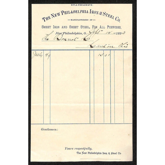 New Philadelphia Iron & Steel Co. Sheet 1893 Billhead / Statement VGC