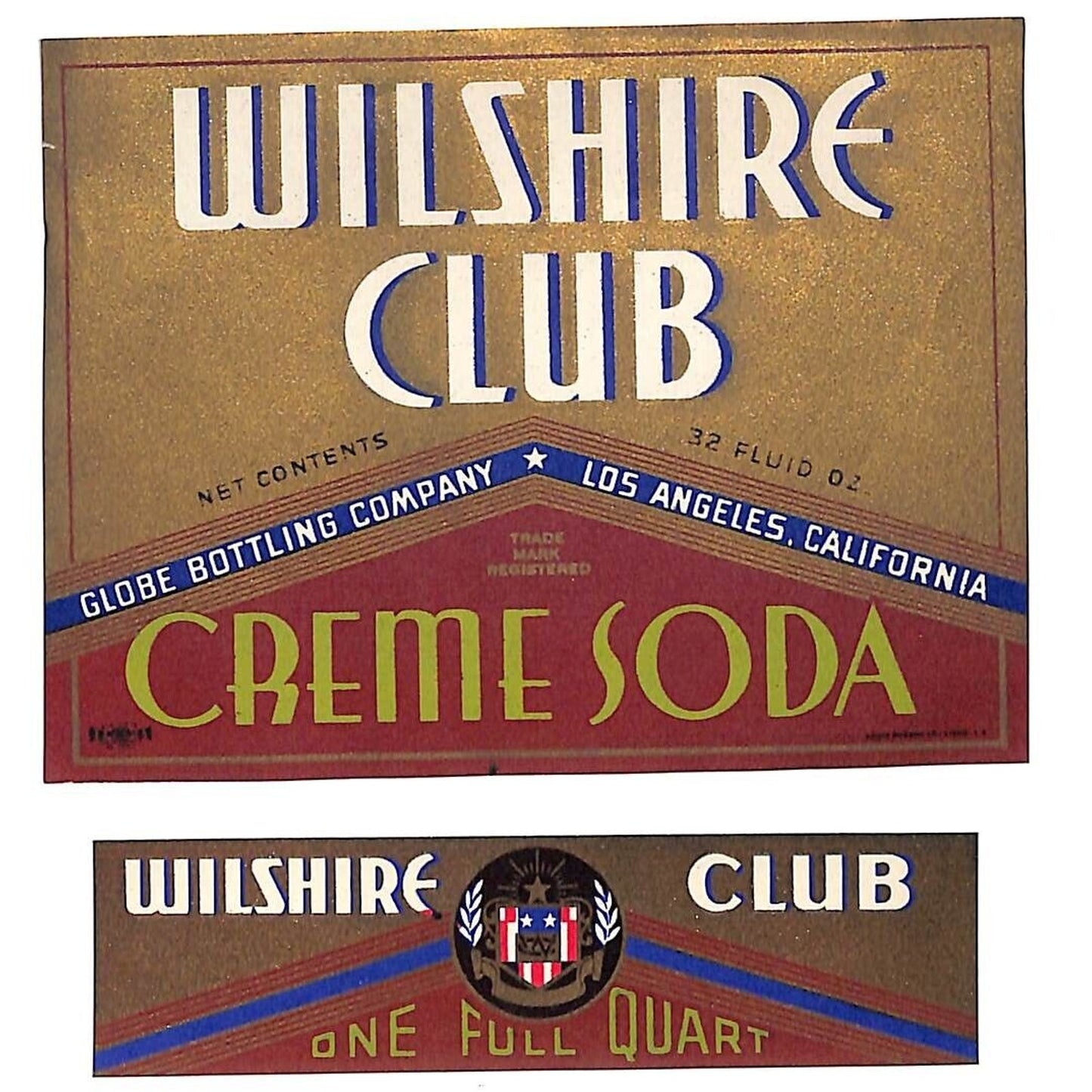 Wilshire Club Creme Soda Globe Bottling LA, CA Bottle Label Set c1935-45