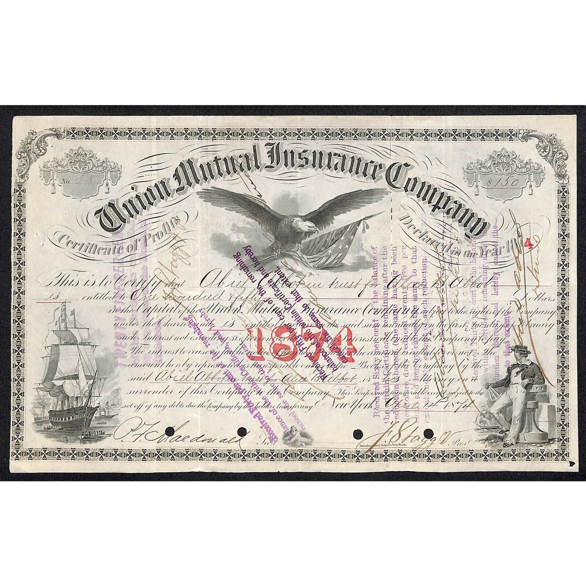 Union Mutual Insurance NY 1874 "Certificate of Profits" to Abiel / Alice Abbot