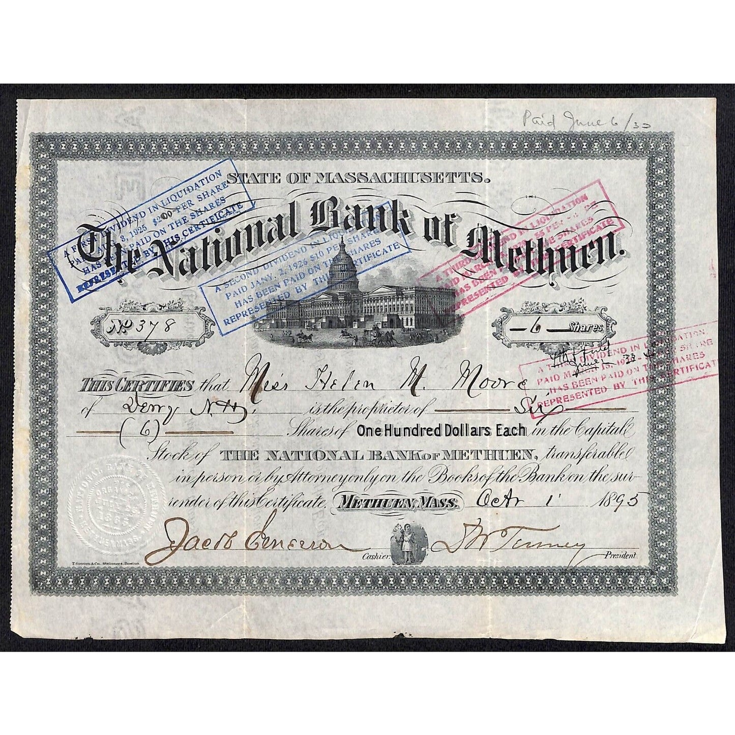 National Bank of Methuen, MA 1895 Stock Certificate Miss. Helen M. Moore