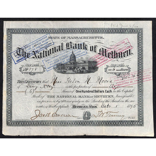 National Bank of Methuen, MA 1895 Stock Certificate Miss. Helen M. Moore