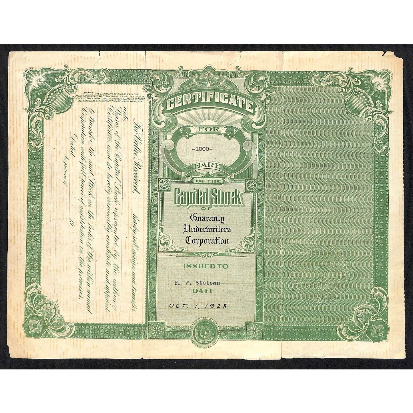 Guaranty Underwriters Corp. 1928 Stock Certificate F.W. Stetson