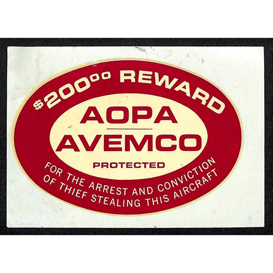$200 Reward AOPA / AVEMCO Aircraft c1960's Water Slide Sticker