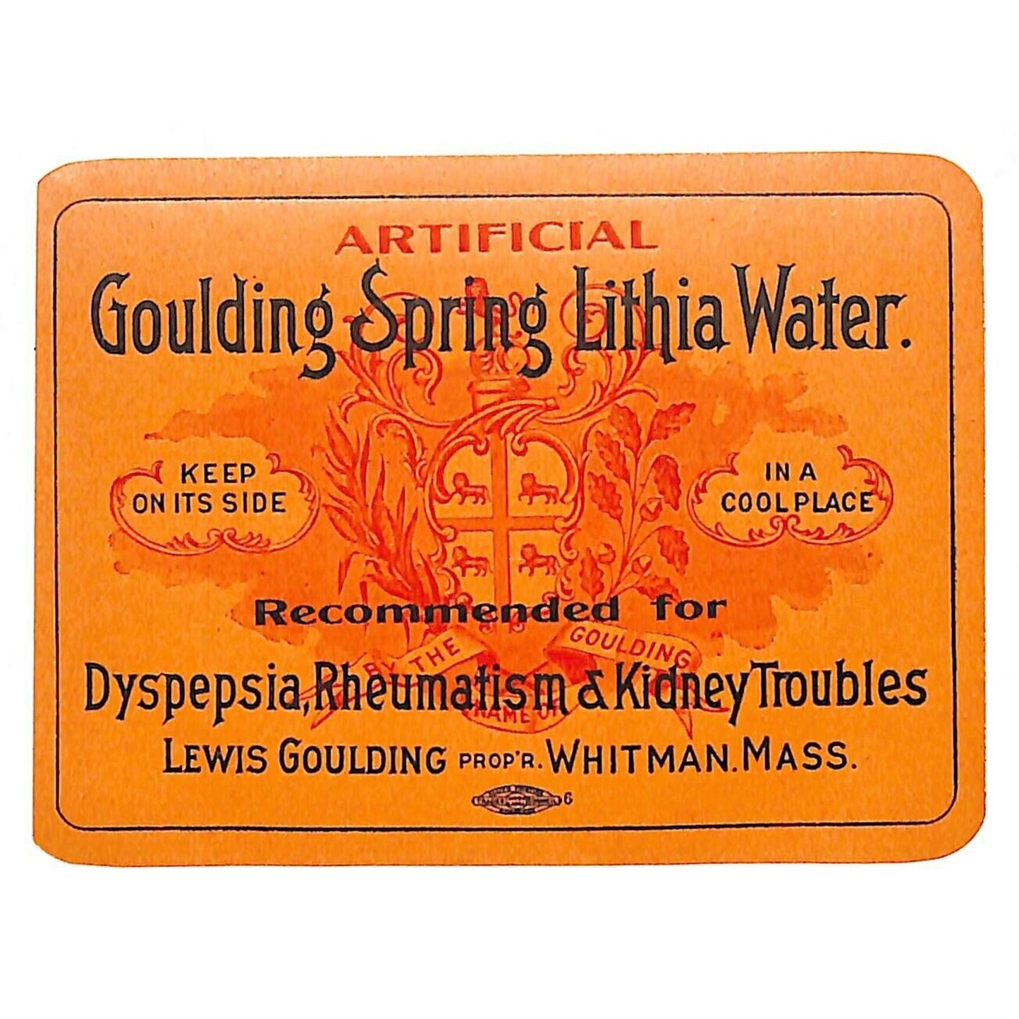 Goulding Spring Lithia Water Whitman MA Quack Medicine Soda Bottle Label c1920's
