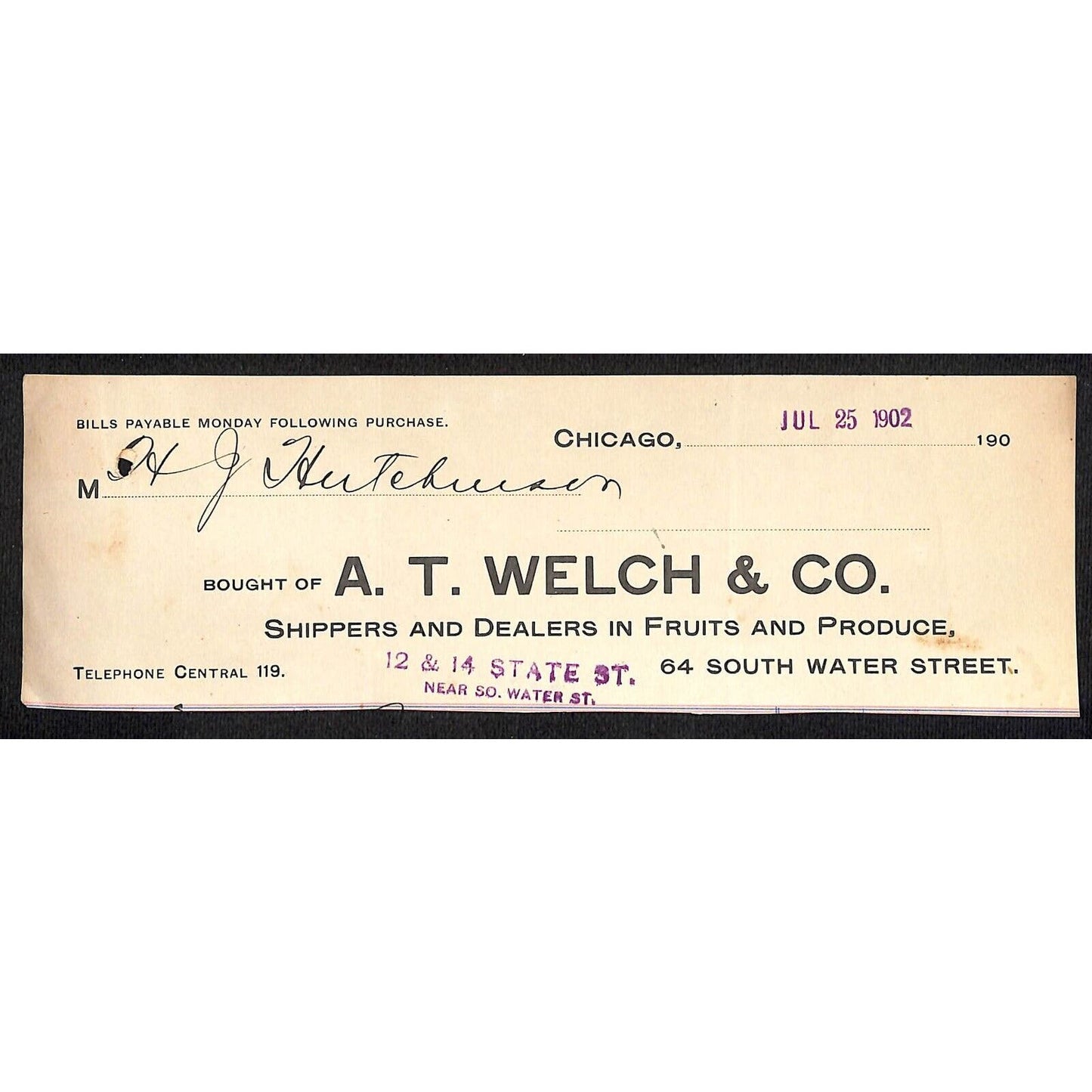 A.T. Welch & Co Produce Fruits Chic. Hutchinson Decorah IA* Cut 1902 Billhead