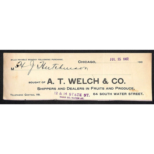 A.T. Welch & Co Produce Fruits Chic. Hutchinson Decorah IA* Cut 1902 Billhead