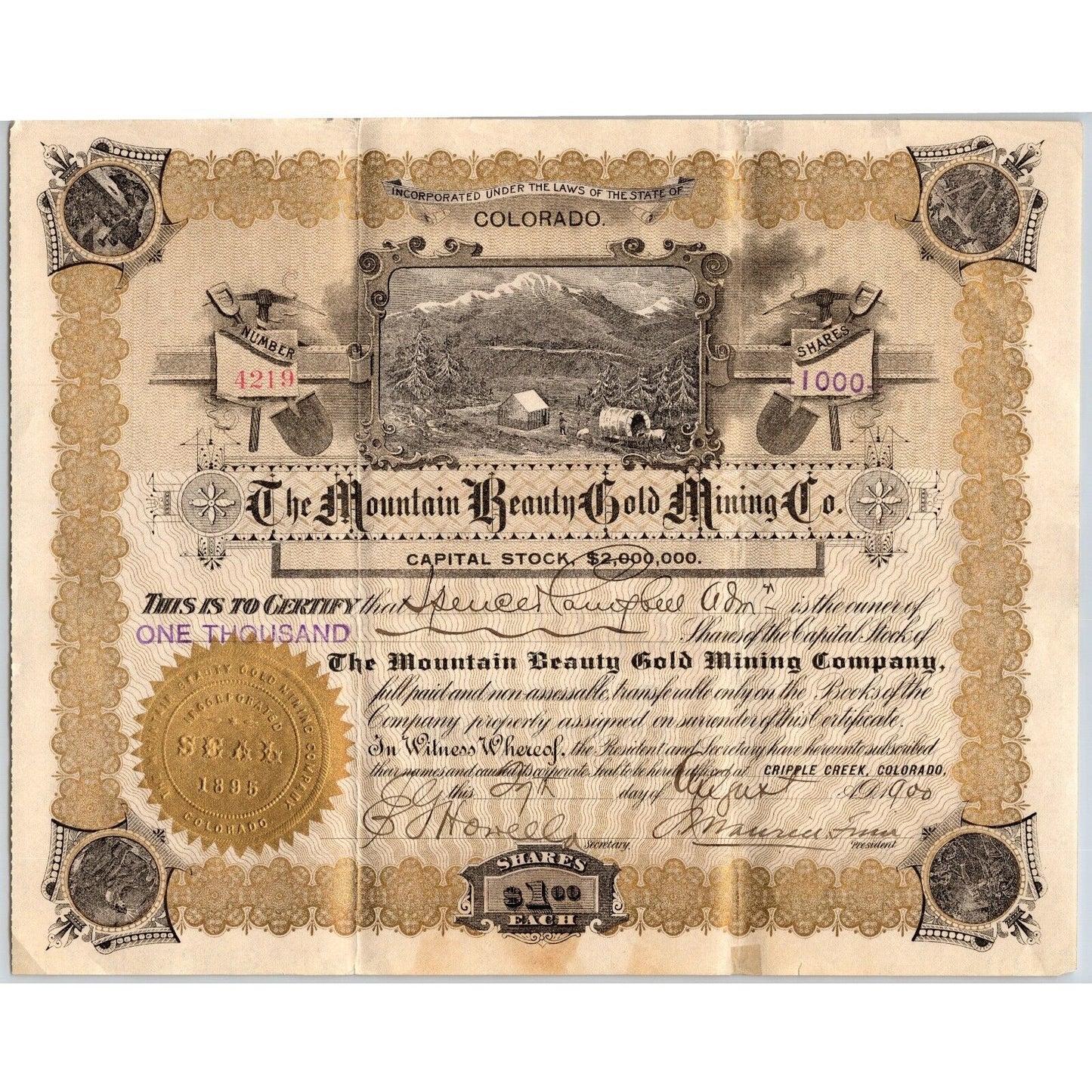 Mountain Beauty Gold Mining Co 1900 Stock Certificate Cripple Creek #4219