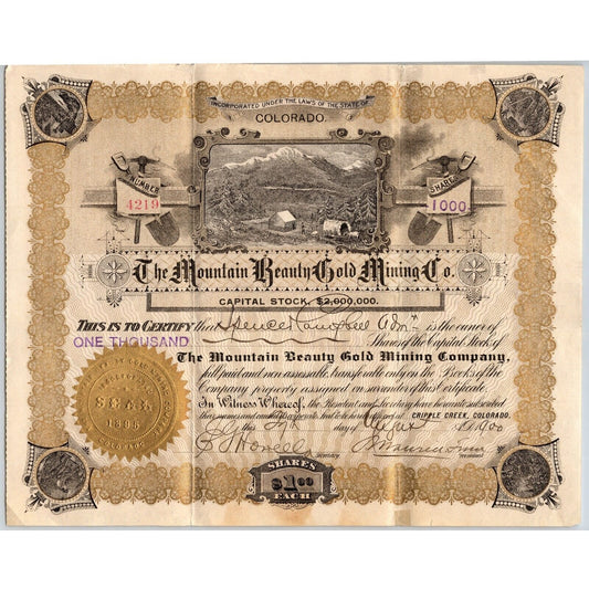 Mountain Beauty Gold Mining Co 1900 Stock Certificate Cripple Creek #4219