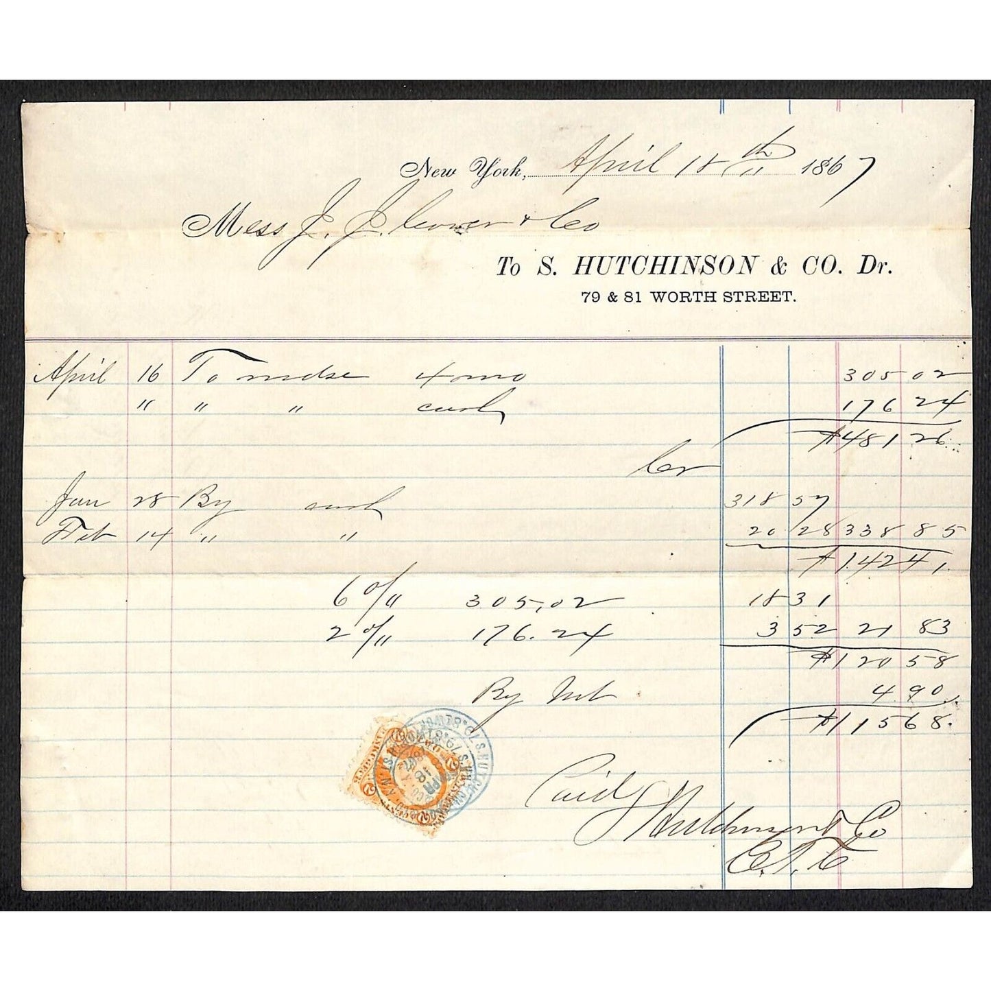 S. Hutchinson & Co. Worth St. NYC 1867 J.J. Cover* Billhead