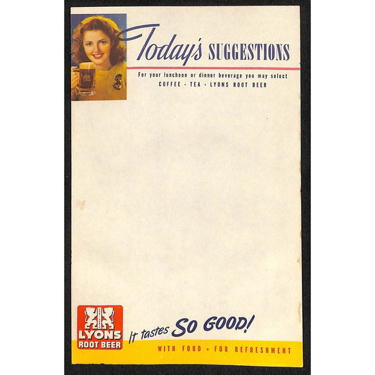 Lyons Root Beer "Today's Suggestions" Menu Sheet w/ Woman c1950's VGC Scarce