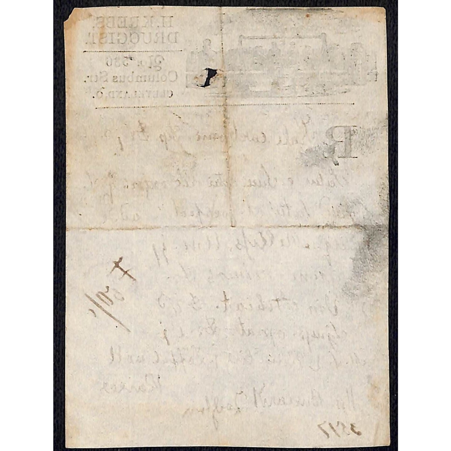 H. Krebs, Druggist Columbus St. Cleveland c1870's* Prescription #3517