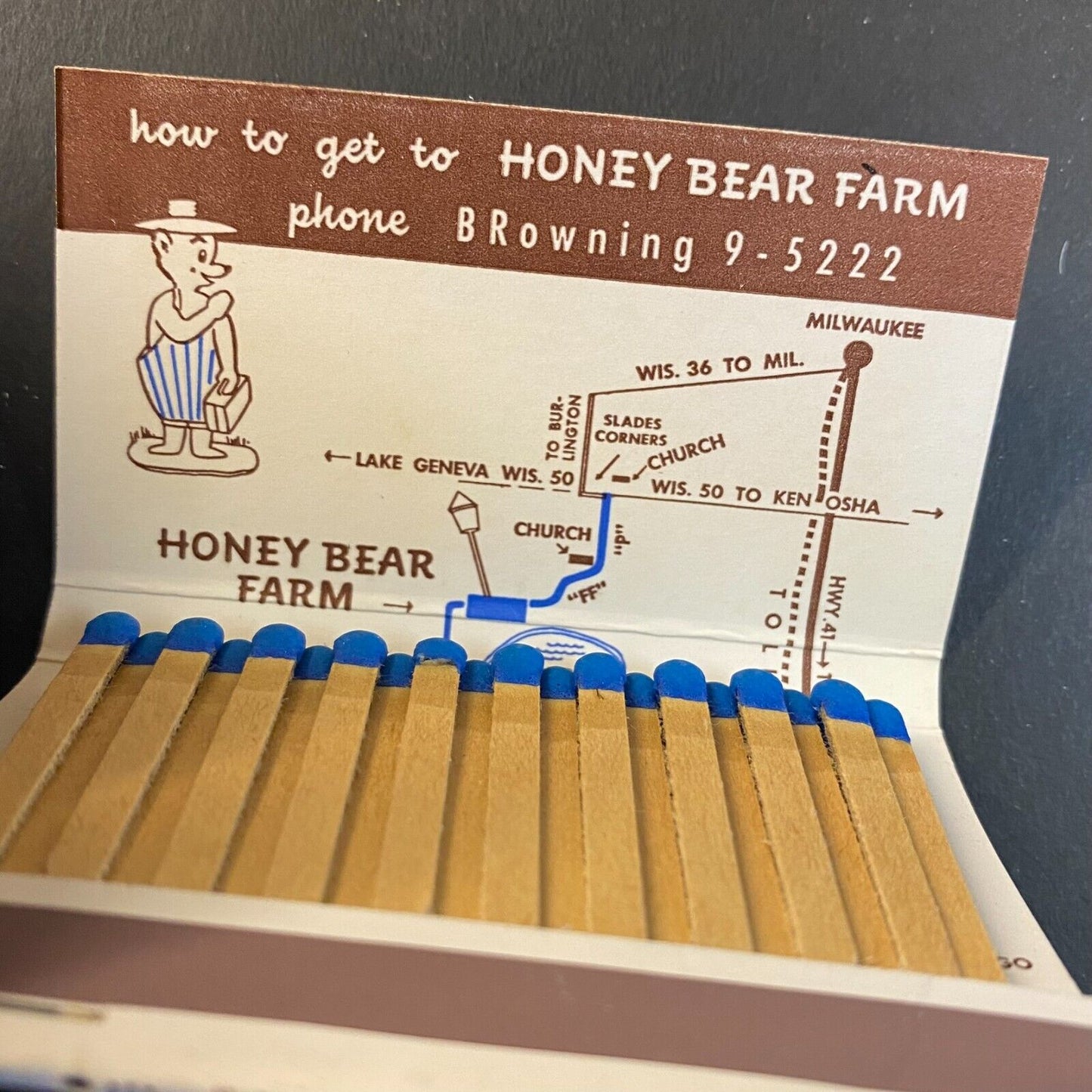 Honey Bear Farm Genoa City, WI c1951-73 Full 40-stk Matchbook VGC Scarce