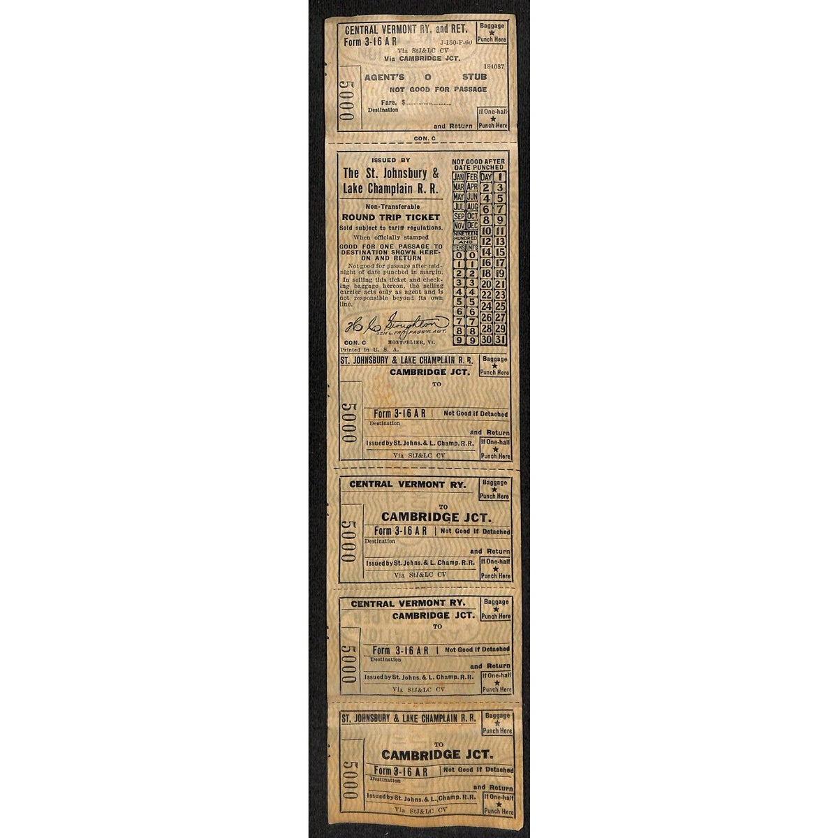 St. Johnsbury & Lake Champlain R.R.c1941 Cambridge Jct. Round Trip Ticket VGC