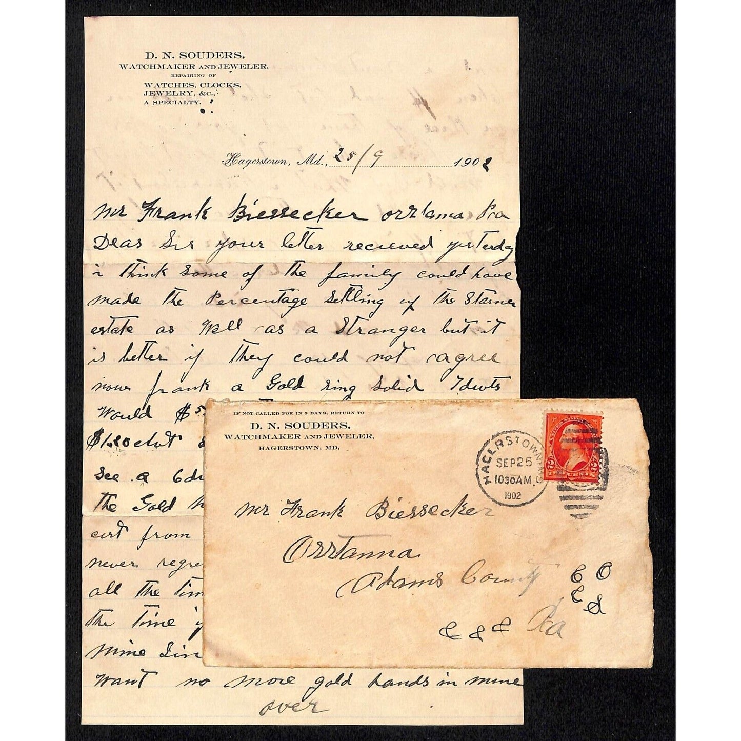 1902 Hagerstown, MD D.N. Souders Watchmaker Jeweler ALS + Cover re: Gold Ring
