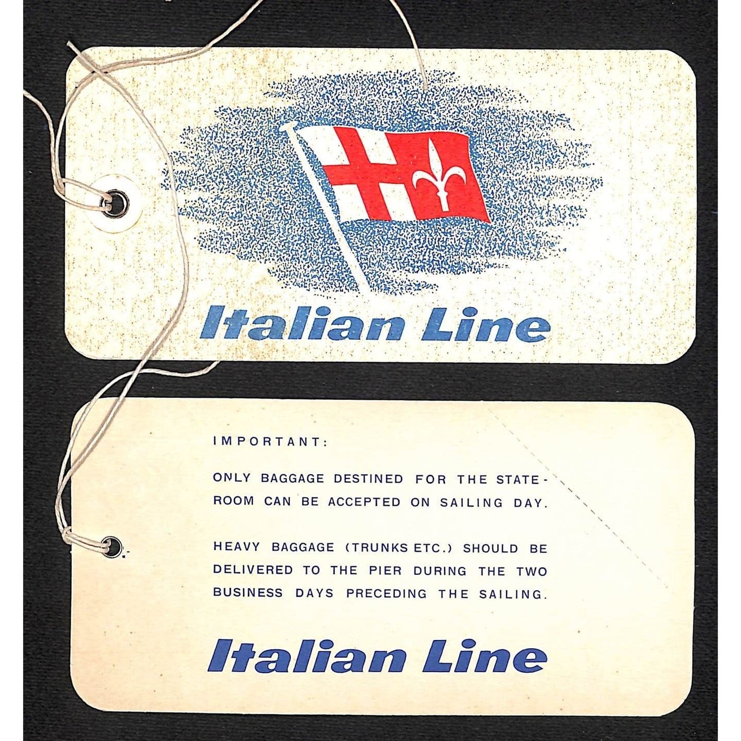Italian Lines - Pair of NOS c1960's-70's Cabin Class "Hold" Luggage Tags