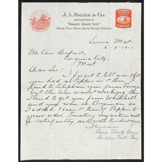 J. A. Folger Coffee 1910 ALS Letterhead to Buford* re: No Pepper in Stock