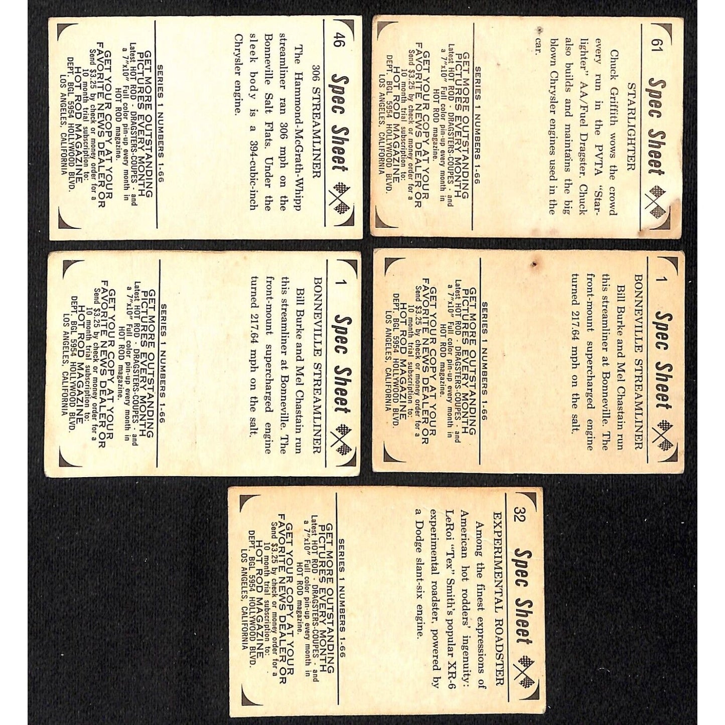 Group of 5 c1965 Hot Rod Magazine Series 1 "Spec Sheet" Auto Racing Cards